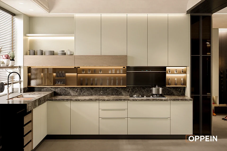 OPPEIN Warm white, L-shaped kitchen product reference